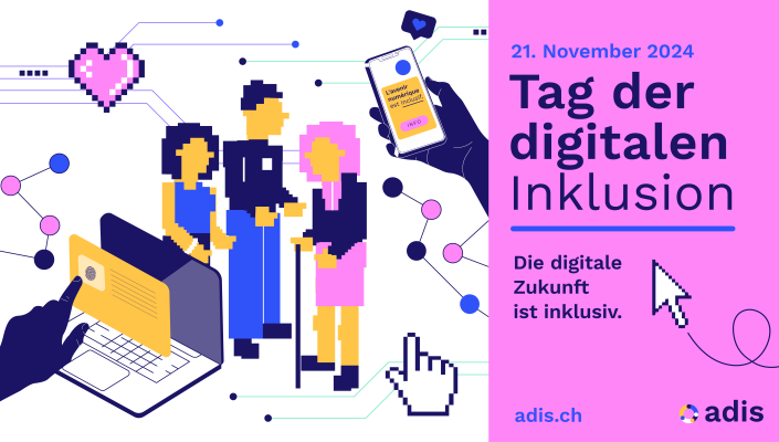 Illustration zum **Tag der digitalen Inklusion** am **21. November 2024**. Drei stilisierte Figuren repräsentieren Menschen verschiedener Altersgruppen und symbolisieren Inklusion. Begleitet wird die Szene von Symbolen wie einem Herz, einem Smartphone und